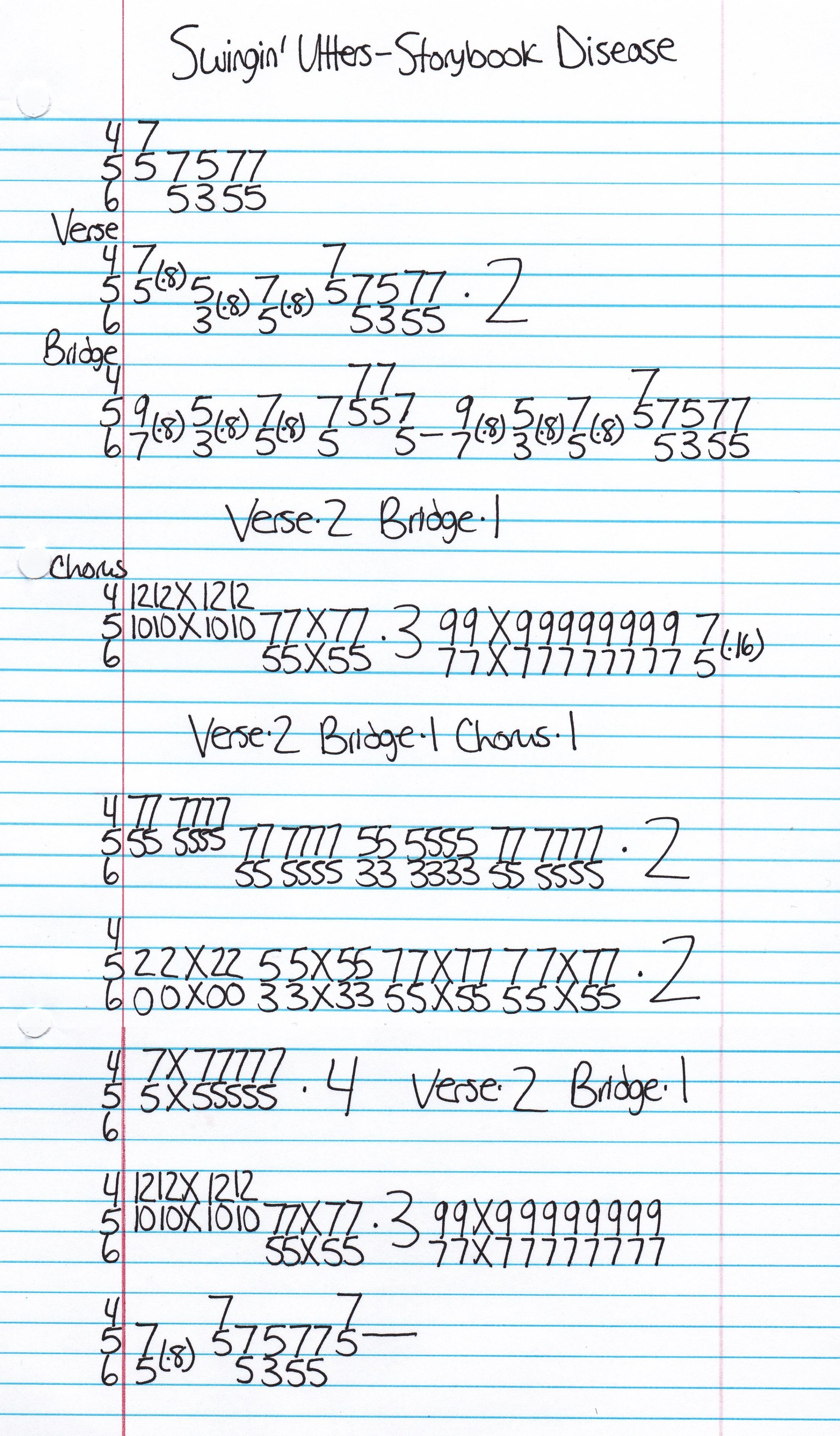 High quality guitar tab for Storybook Disease by Swingin' Utters off of the album The Streets Of San Francisco. ***Complete and accurate guitar tab!***